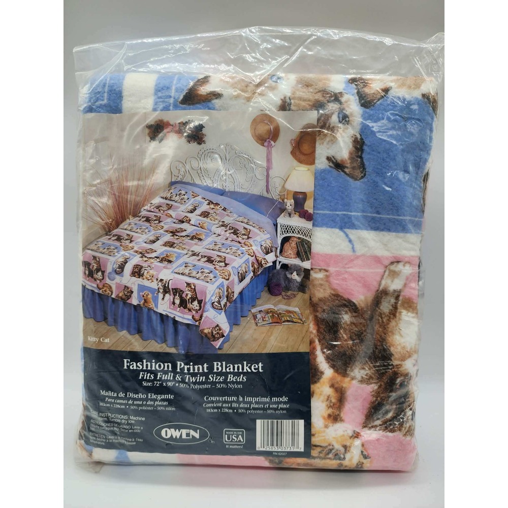 Vintage Owen Kitty Cat Fashion Print Blanket Full Twin Size 72x90 Made in USA